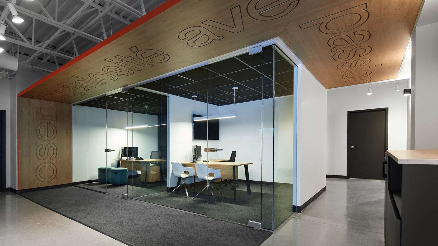 Private Glass Offices With L Shape Desk and Chairs