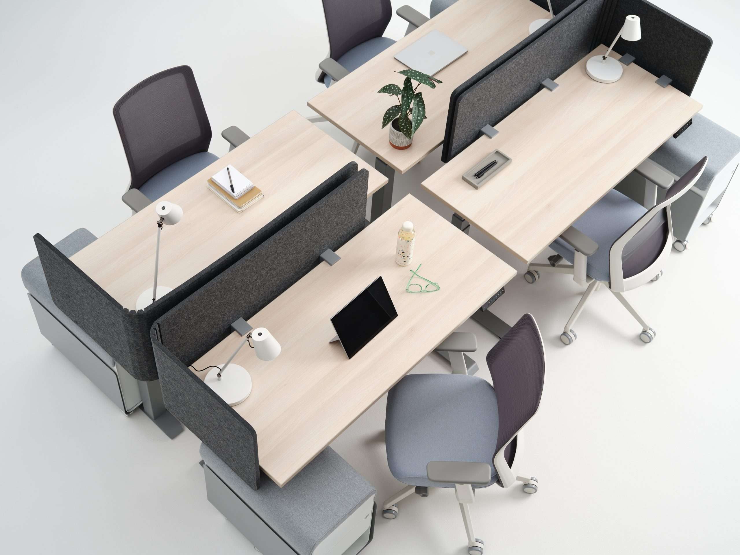 Open Plan Office Electric Desks Mesh Chairs Privacy Screens